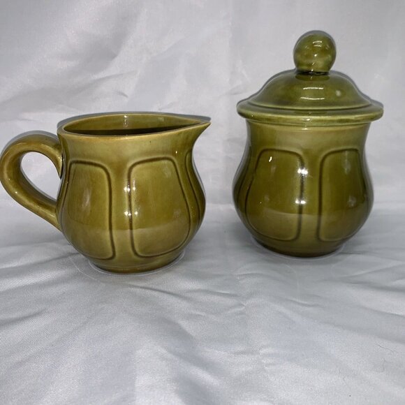 Vintage Green Ceramic Creamer & Sugar Bowl Set With Lid - Picture 1 of 12
